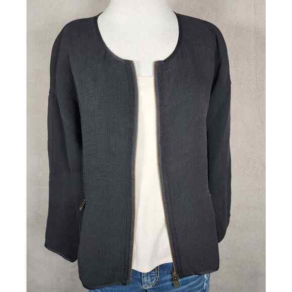 Eileen Fisher Woman's Boxy Silk Blend Black Blazer Zip Jacket No Collar Size M - Picture 1 of 13